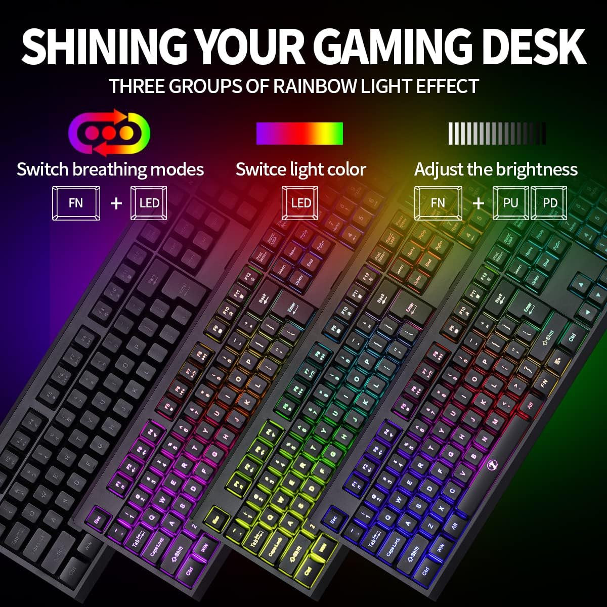 Wireless Gaming Keyboard and Mouse Combo, 104 Keys Standard US Layout RGB Backlit Rechargeable Mechanical Feel Waterproof Mute Mouse for Gamers(Black)