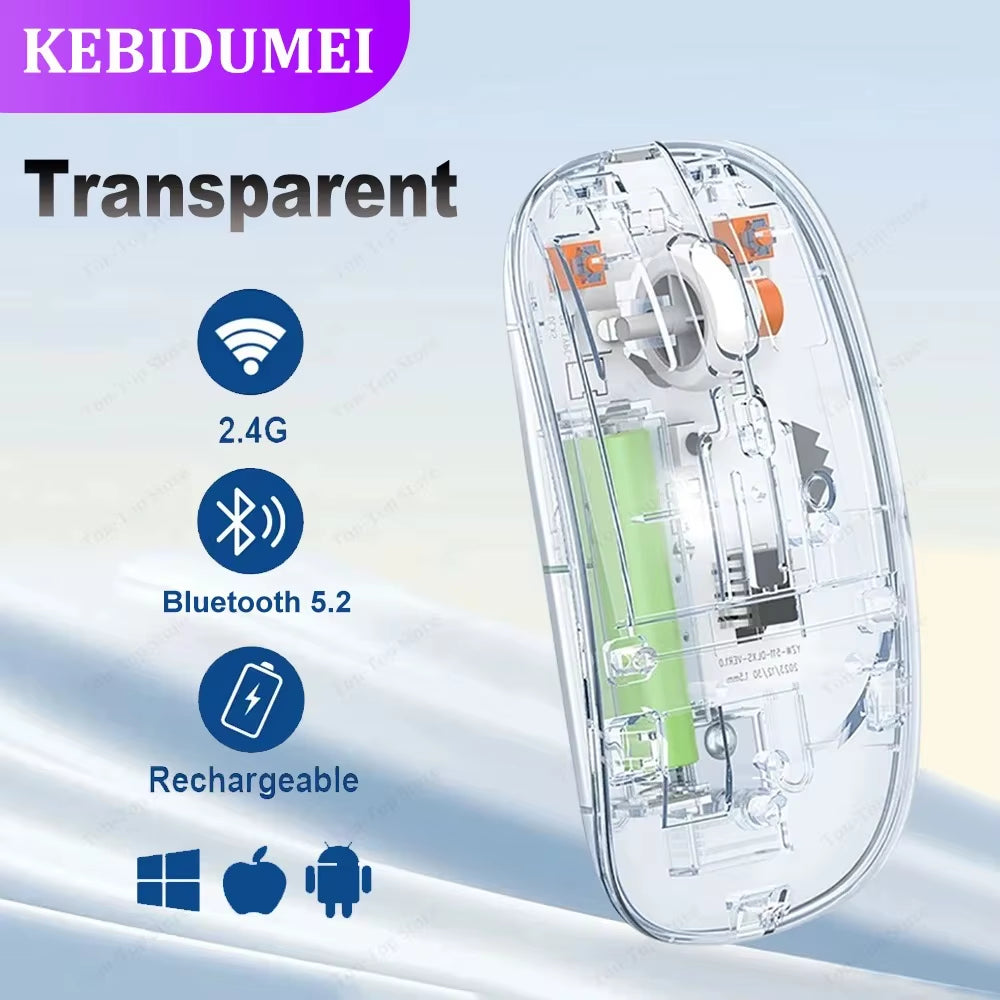 Dual Bluetooth 5.0 Mouse 2.4G Wireless Mouse Tri-Mode Transparent Mouse 2400DPI Silent Mouse 500Mah Rechargeable Mice for Laptop