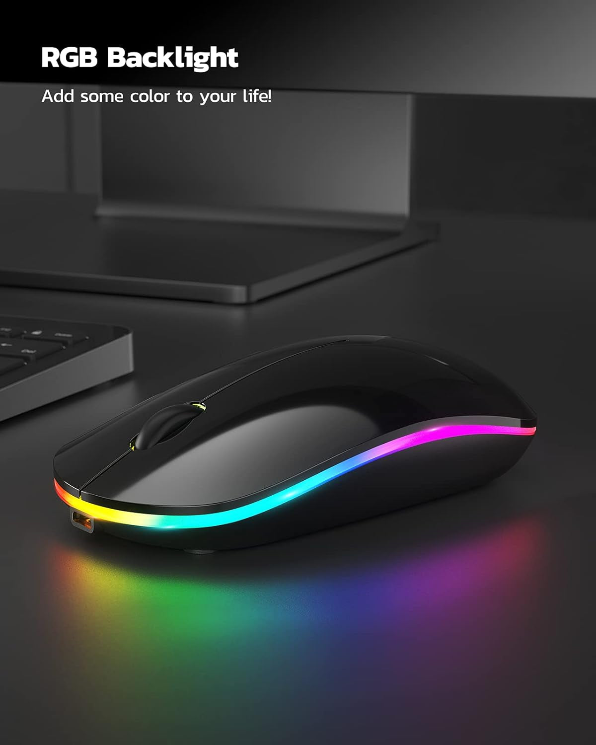 Wireless Bluetooth Mouse, 2.4G Rechargeable LED Mouse, Dual Mode(Bluetooth 5.0+USB), Laptop Mouse with USB Receiver, Computer Mouse Compatible for Laptop, Ipad, Macos, PC, Windows(Black)