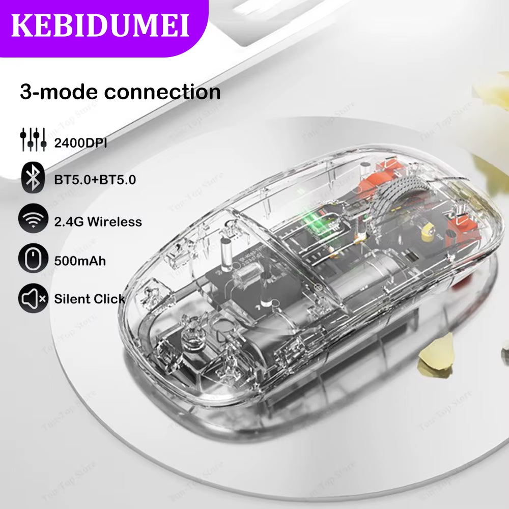 Dual Bluetooth 5.0 Mouse 2.4G Wireless Mouse Tri-Mode Transparent Mouse 2400DPI Silent Mouse 500Mah Rechargeable Mice for Laptop