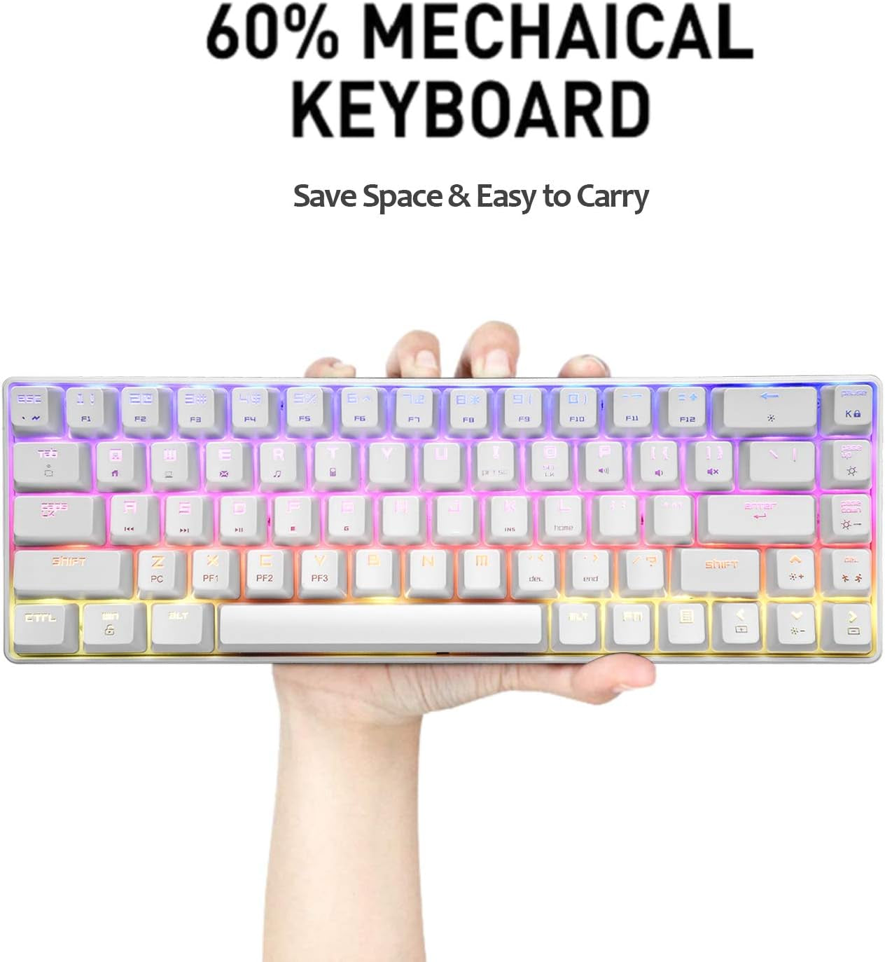 60% Mechanical Gaming Keyboard Blue Switch Mini 68 Keys Wired Type C 18 Backlit Effects,Lightweight RGB 6400DPI Honeycomb Optical Mouse,Gaming Mouse Pad for Gamers and Typists (White)