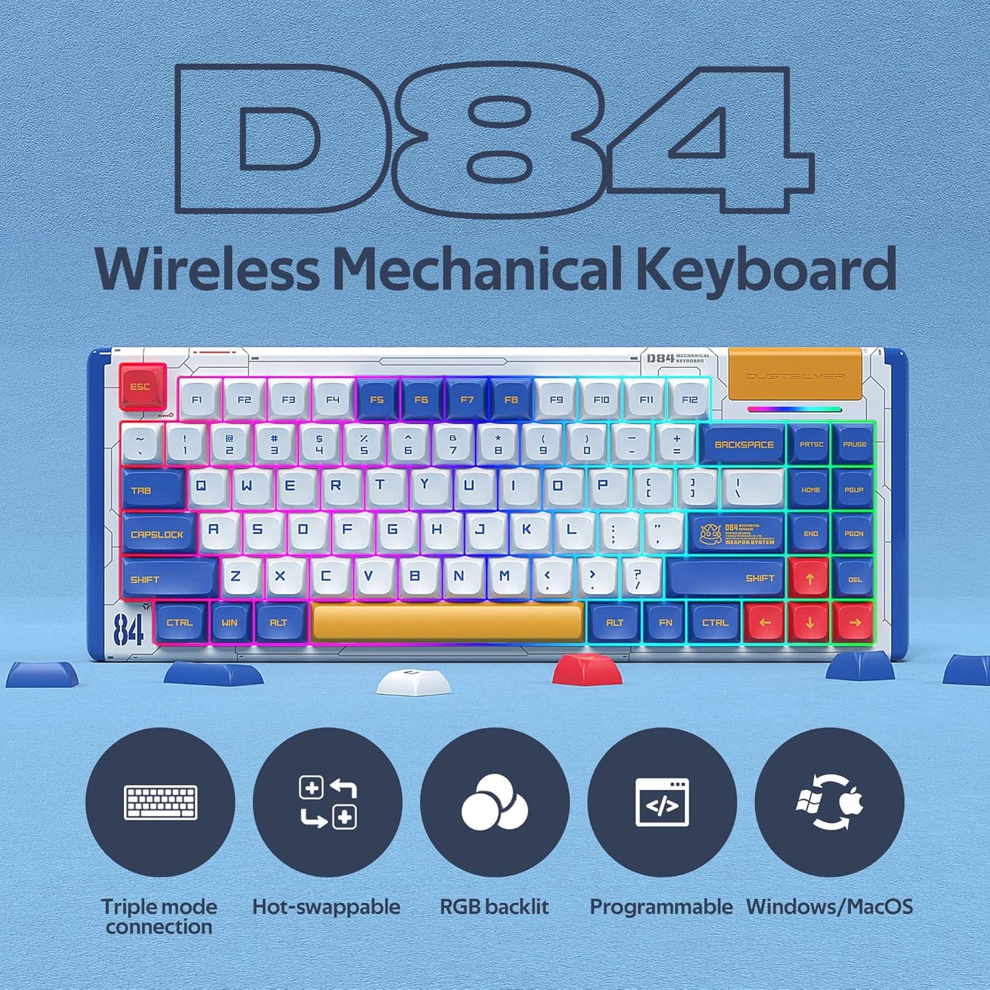 D84 Wireless 75% Mechanical Keyboard with RGB, Hot Swappable, Bluetooth/2.4G/Type-C Connection, Gateron Red Switches for Smooth Typing