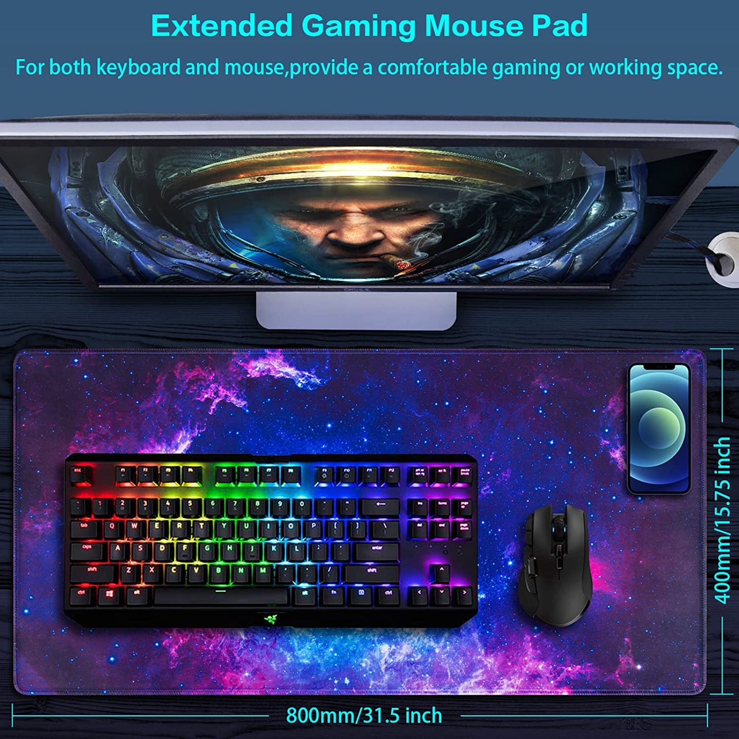 Gaming Mouse Pad, Large Extended Mousepad Big Computer Desk Mat for Keyboard and Mousefor Home Office Gaming Work 31.5X15.7Inch