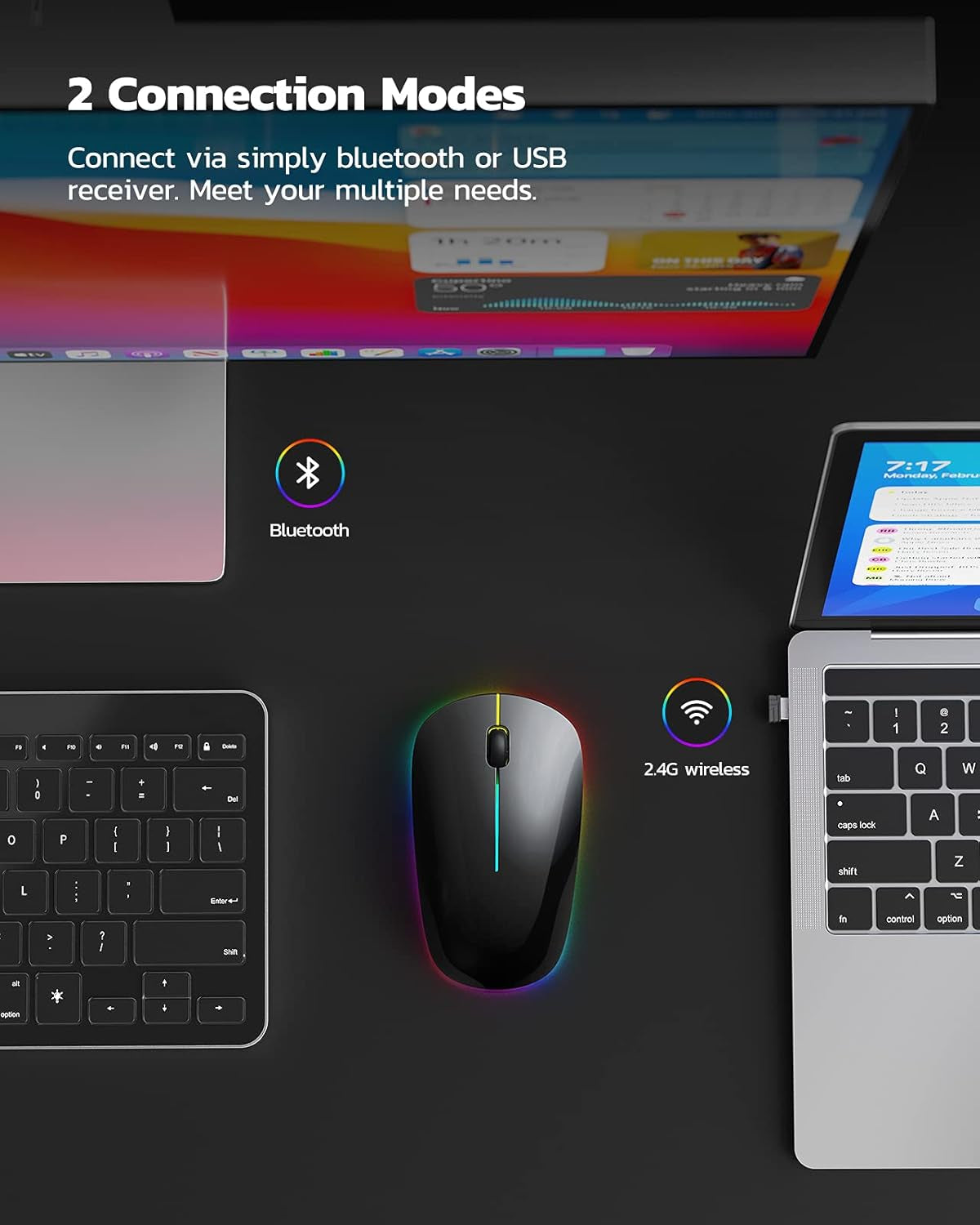 Wireless Bluetooth Mouse, 2.4G Rechargeable LED Mouse, Dual Mode(Bluetooth 5.0+USB), Laptop Mouse with USB Receiver, Computer Mouse Compatible for Laptop, Ipad, Macos, PC, Windows(Black)
