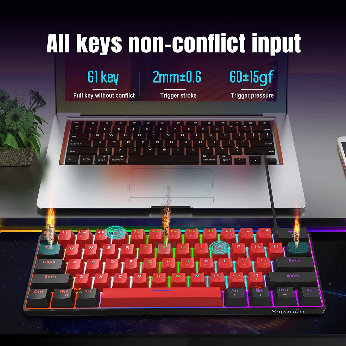 60% Wired Mechanical Keyboard, Mini Gaming Keyboard with 61 Keys for PC, Windows XP, Win 7, Win 10 (Black-Red, Red Switches)