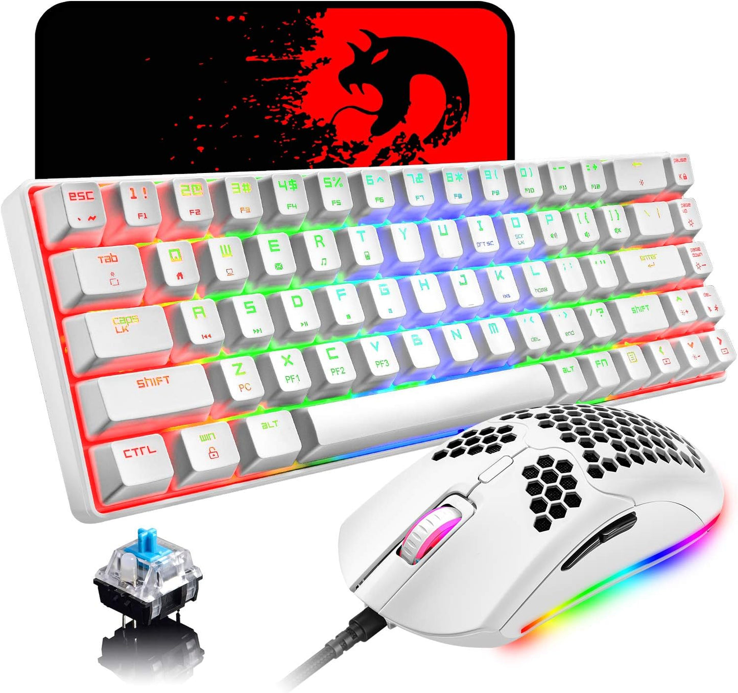 60% Mechanical Gaming Keyboard Blue Switch Mini 68 Keys Wired Type C 18 Backlit Effects,Lightweight RGB 6400DPI Honeycomb Optical Mouse,Gaming Mouse Pad for Gamers and Typists (White)