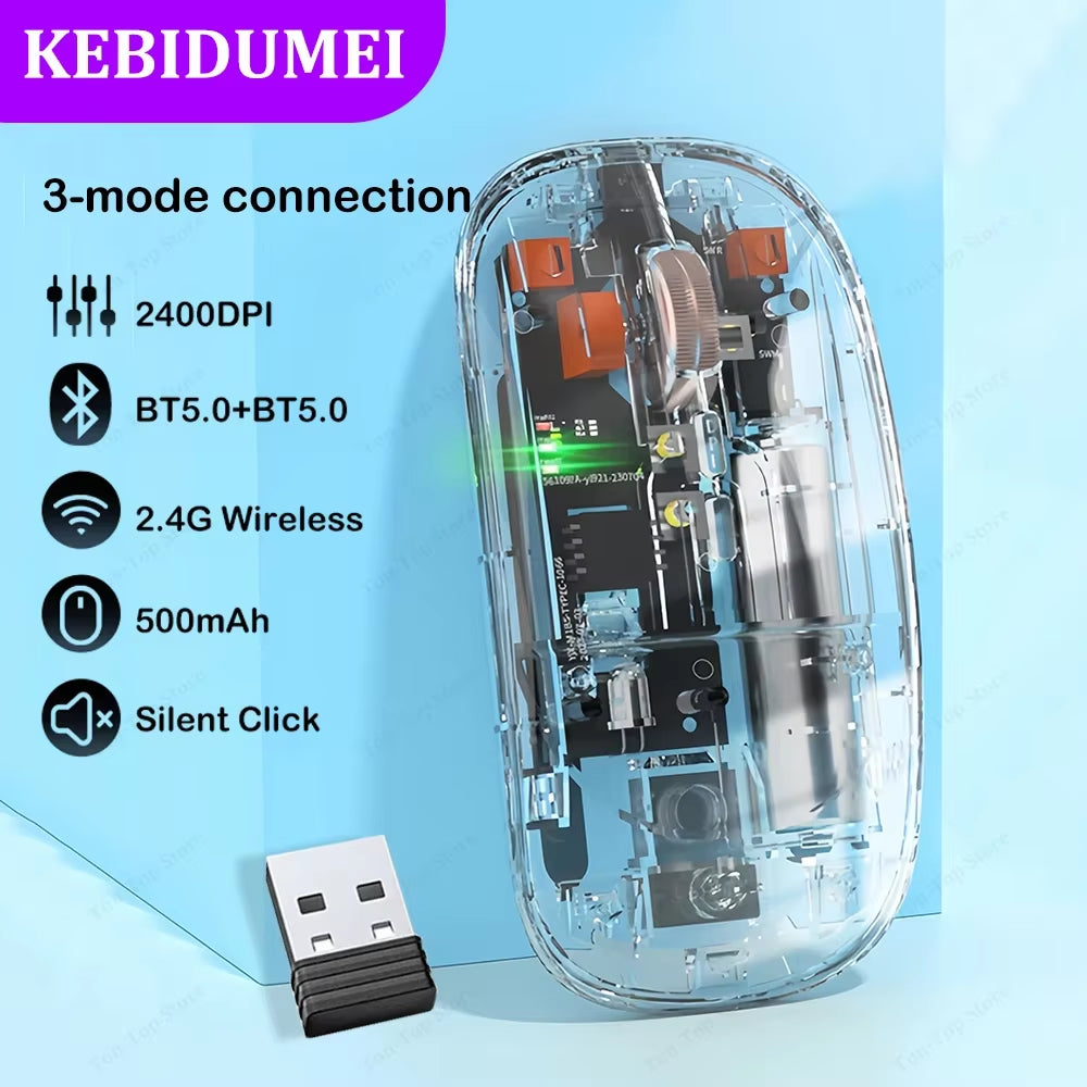 Dual Bluetooth 5.0 Mouse 2.4G Wireless Mouse Tri-Mode Transparent Mouse 2400DPI Silent Mouse 500Mah Rechargeable Mice for Laptop