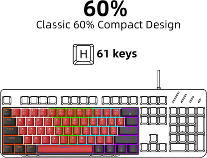 60% Wired Mechanical Keyboard, Mini Gaming Keyboard with 61 Keys for PC, Windows XP, Win 7, Win 10 (Black-Red, Red Switches)