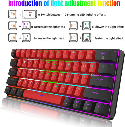 60% Wired Mechanical Keyboard, Mini Gaming Keyboard with 61 Keys for PC, Windows XP, Win 7, Win 10 (Black-Red, Red Switches)