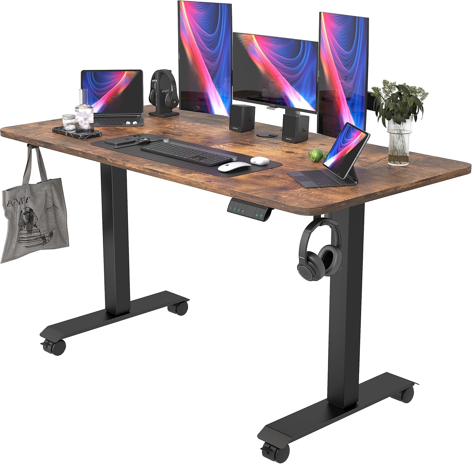 55" Electric Standing Desk,Height Adjustable Home Office Sit Stand up Computer PC Table,Tall Standup Workstation, Gaming Writing Study Bedroom Rising Desks,Brown