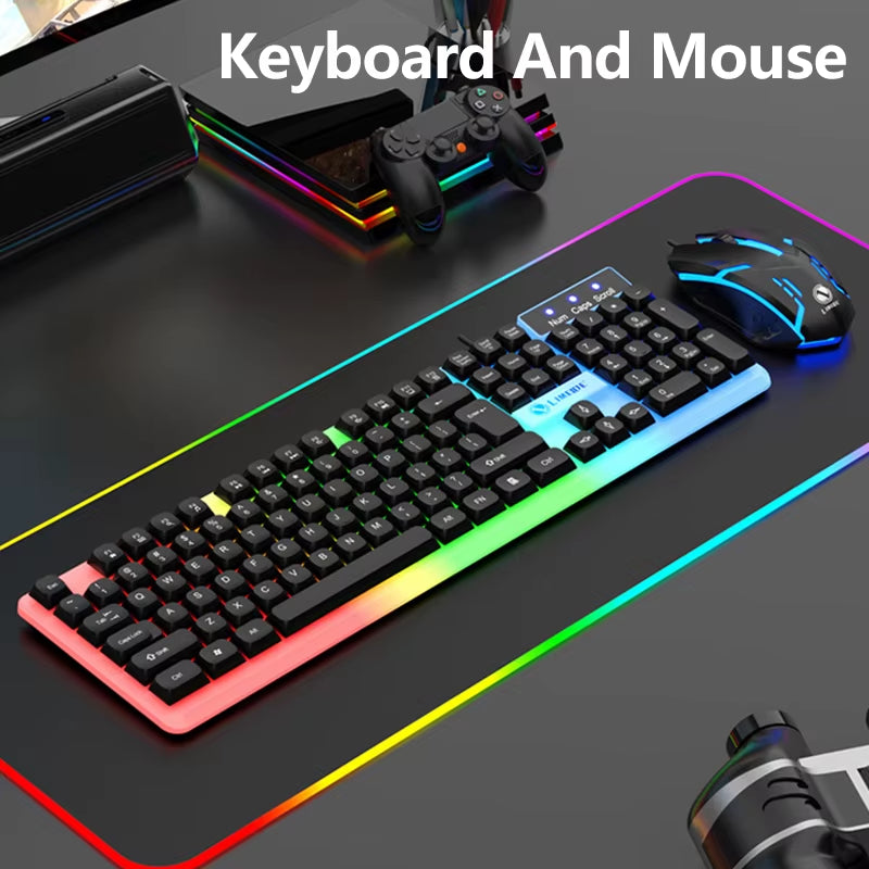 104 Key Computer USB Wired RGB Backlight Gaming Keyboard and Mouse Suit Kit for PC Desktop Laptop Adjustable Holder