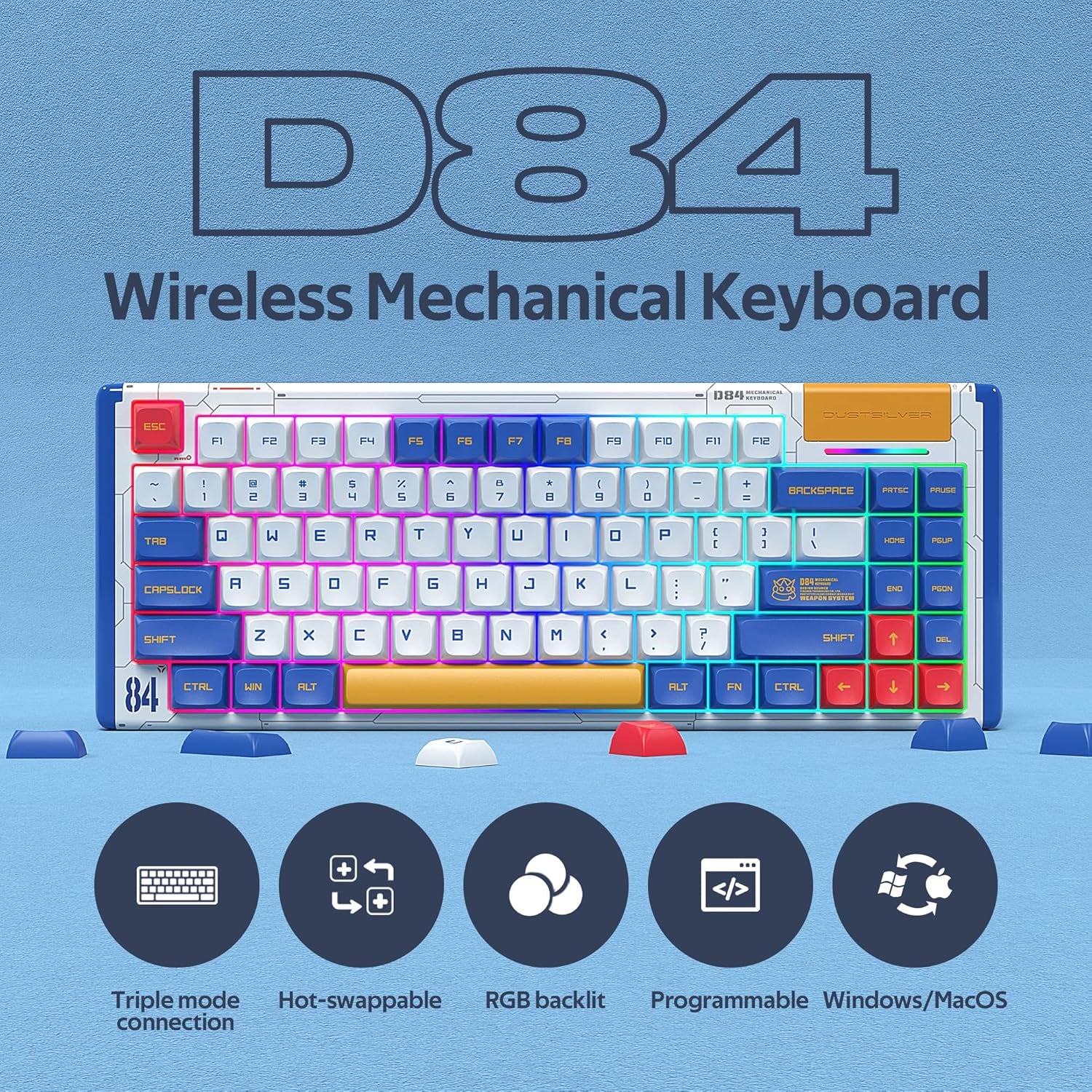 D84 Wireless 75% Mechanical Keyboard with RGB, Hot Swappable, Bluetooth/2.4G/Type-C Connection, Gateron Red Switches for Smooth Typing