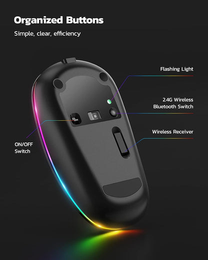 Wireless Bluetooth Mouse, 2.4G Rechargeable LED Mouse, Dual Mode(Bluetooth 5.0+USB), Laptop Mouse with USB Receiver, Computer Mouse Compatible for Laptop, Ipad, Macos, PC, Windows(Black)
