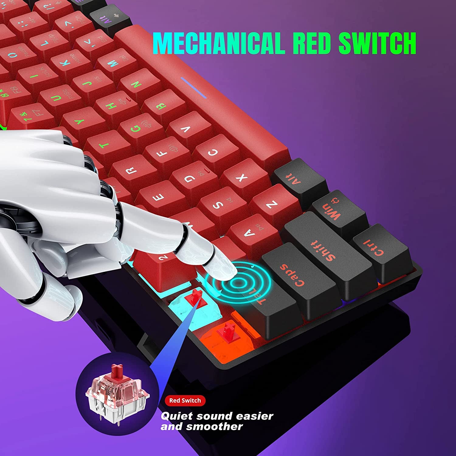 60% Wired Mechanical Keyboard, Mini Gaming Keyboard with 61 Keys for PC, Windows XP, Win 7, Win 10 (Black-Red, Red Switches)