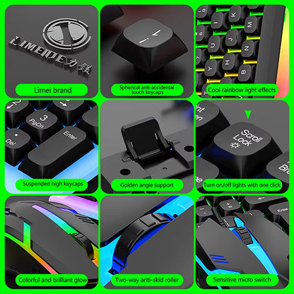 104 Key Computer USB Wired RGB Backlight Gaming Keyboard and Mouse Suit Kit for PC Desktop Laptop Adjustable Holder
